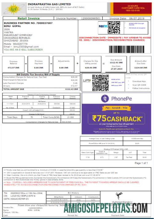 realista Modelo Word e PDF de conta de serviços públicos da ÍNDIA IGL